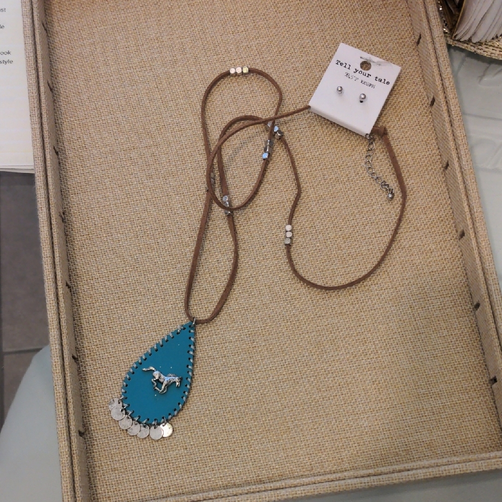 Teal Teardrop Pendant Necklace And Earrings Boho Western Style New